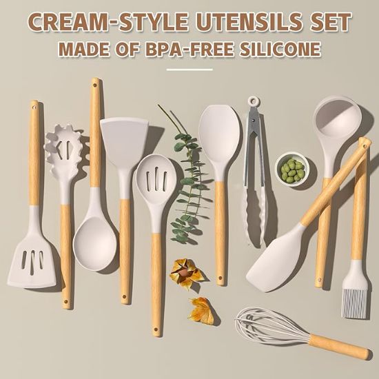 Picture of Umite Chef Kitchen Cooking Utensils Set, 33 pcs Non-Stick Silicone Cooking Kitchen Utensils Spatula Set with Holder, Wooden Handle Silicone Kitchen Gadgets Utensil Set (Khaki)