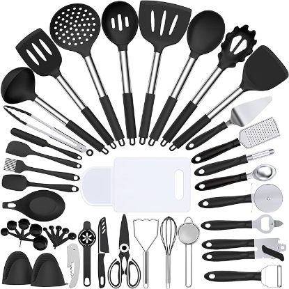 Picture of Silicone Cooking Kitchen Utensil Set, Umite Chef 43 PCS Heat Resistant Kitchen Utensils Gadget Set-Stainless Steel Handle- Kitchen Spatula Tools for Nonstick Cookware, Kitchen Accessories(Black)