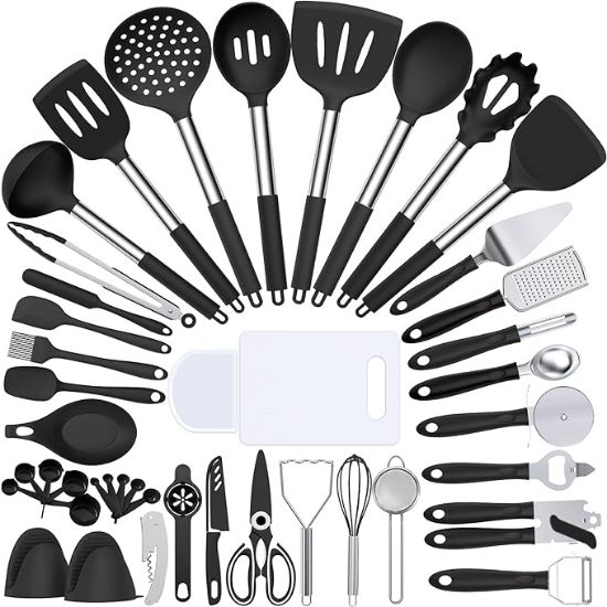 Picture of Silicone Cooking Kitchen Utensil Set, Umite Chef 43 PCS Heat Resistant Kitchen Utensils Gadget Set-Stainless Steel Handle- Kitchen Spatula Tools for Nonstick Cookware, Kitchen Accessories(Black)