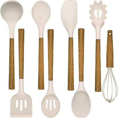 Picture of Silicone Cooking Utensil Set,Umite Chef 8-Piece Kitchen Utensils Set with Natural Acacia Wooden Handles, Silicone Heads-Silicone Kitchen Gadgets and Spatula Set for Nonstick Cookware - Khaki