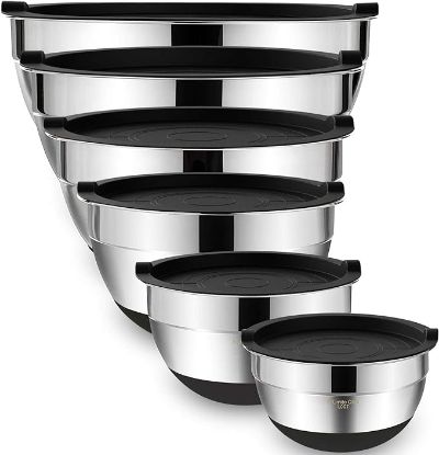 Picture of Umite Chef Mixing Bowls with Airtight Lids，6 piece Stainless Steel Metal Nesting Storage Bowls, Non-Slip Bottoms Size 7, 3.5, 2.5, 2.0,1.5, 1QT, Great for Mixing & Serving(Black)