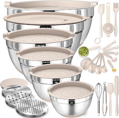 Picture of Mixing Bowls with Airtight Lids Set, 26PCS Stainless Steel Khaki Bowls with Grater Attachments, Non-Slip Bottoms & Kitchen Gadgets Set, Size 7, 4, 2.5, 2.0,1.5, 1QT, Great for Mixing & Serving