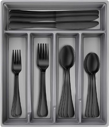Picture of Hiware 20-Piece Black Silverware Set with Tray, Stainless Steel Flatware Cutlery Set Service for 4, Kitchen Black Utensils Tableware Set for Home Restaurant, Mirror Finish, Dishwasher Safe