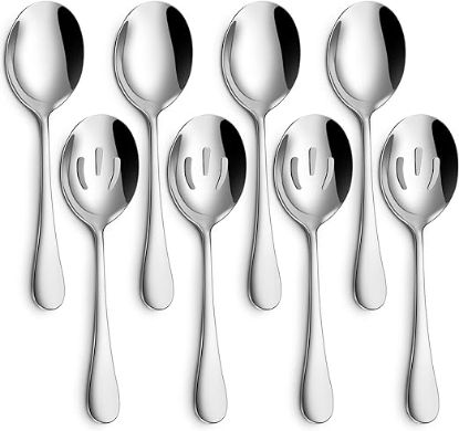 Picture of Hiware 8-Piece Serving Spoons Set - Includes 4 Serving Spoons and 4 Slotted Spoons, 18/8 Stainless Steel Buffet Serving Utensils - Mirror Polished, Dishwasher Safe, 8.6-Inch